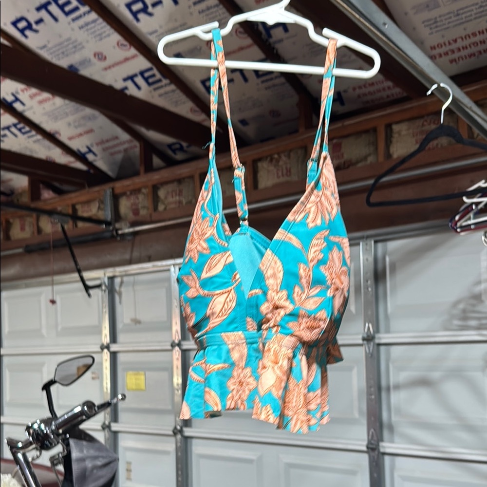 Time and Tru Teal and Peach Floral Top